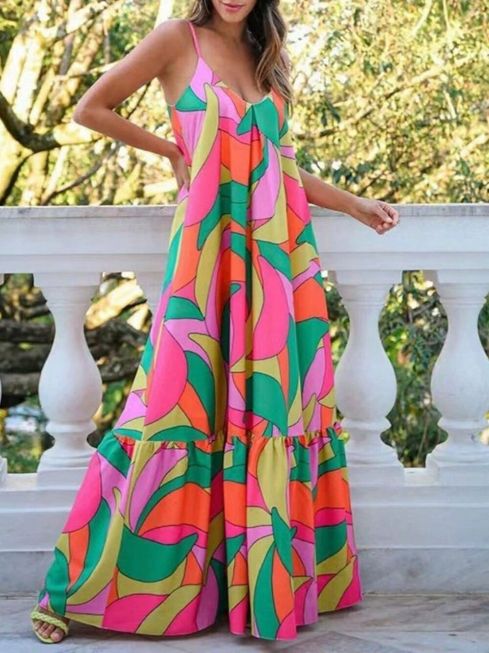 Multicolor Boho Women's Allover Print Ruffle Hem Casual maxi Dress - Picture 2 of 3